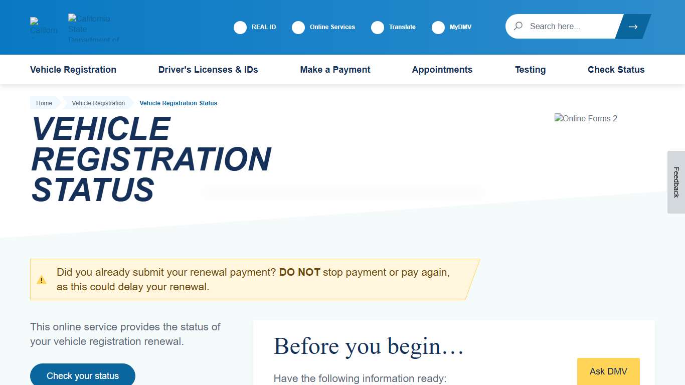 Vehicle Registration Status - California DMV